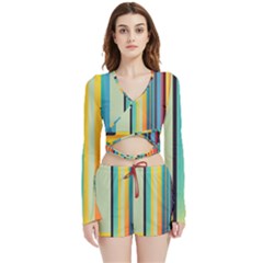 Colorful Rainbow Striped Pattern Stripes Background Velvet Wrap Crop Top And Shorts Set