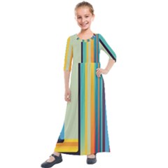 Colorful Rainbow Striped Pattern Stripes Background Kids  Quarter Sleeve Maxi Dress