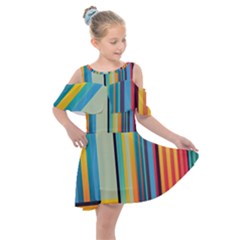 Colorful Rainbow Striped Pattern Stripes Background Kids  Shoulder Cutout Chiffon Dress