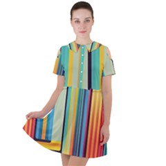 Colorful Rainbow Striped Pattern Stripes Background Short Sleeve Shoulder Cut Out Dress 