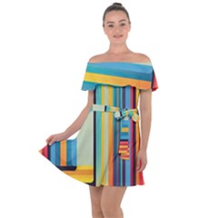 Colorful Rainbow Striped Pattern Stripes Background Off Shoulder Velour Dress