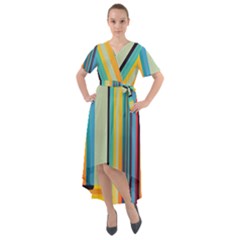 Colorful Rainbow Striped Pattern Stripes Background Front Wrap High Low Dress
