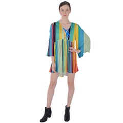 Colorful Rainbow Striped Pattern Stripes Background V-neck Flare Sleeve Mini Dress