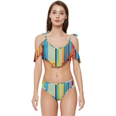 Colorful Rainbow Striped Pattern Stripes Background Ruffle Edge Tie Up Bikini Set	