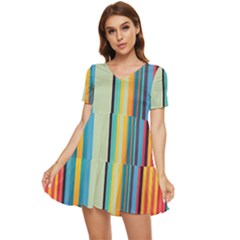 Colorful Rainbow Striped Pattern Stripes Background Tiered Short Sleeve Babydoll Dress