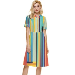 Colorful Rainbow Striped Pattern Stripes Background Button Top Knee Length Dress