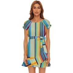 Colorful Rainbow Striped Pattern Stripes Background Puff Sleeve Frill Dress