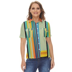 Colorful Rainbow Striped Pattern Stripes Background Women s Short Sleeve Double Pocket Shirt