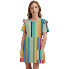 Colorful Rainbow Striped Pattern Stripes Background Kids  Frilly Sleeves Pocket Dress