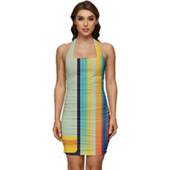 Colorful Rainbow Striped Pattern Stripes Background Sleeveless Wide Square Neckline Ruched Bodycon Dress