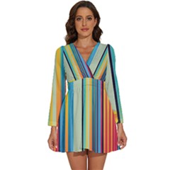 Colorful Rainbow Striped Pattern Stripes Background Long Sleeve V-neck Chiffon Dress 