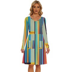 Colorful Rainbow Striped Pattern Stripes Background Long Sleeve Dress With Pocket
