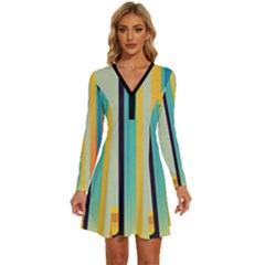 Colorful Rainbow Striped Pattern Stripes Background Long Sleeve Deep V Mini Dress 