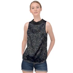 Midnight Blossom Elegance Black Backgrond High Neck Satin Top