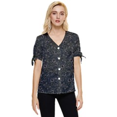 Midnight Blossom Elegance Black Backgrond Bow Sleeve Button Up Top by dflcprintsclothing