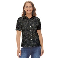 Midnight Blossom Elegance Black Backgrond Women s Short Sleeve Double Pocket Shirt