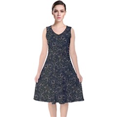 Midnight Blossom Elegance Black Backgrond V-neck Midi Sleeveless Dress  by dflcprintsclothing