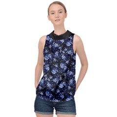 Stylized Floral Intricate Pattern Design Black Backgrond High Neck Satin Top