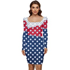 Illustrations Stars Women Long Sleeve Ruched Stretch Jersey Dress