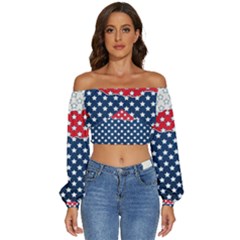 Illustrations Stars Long Sleeve Crinkled Weave Crop Top