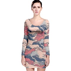 Waves Ocean Sea Water Pattern Rough Seas Digital Art Nature Nautical Long Sleeve Velvet Bodycon Dress