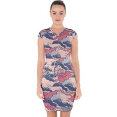 Waves Ocean Sea Water Pattern Rough Seas Digital Art Nature Nautical Capsleeve Drawstring Dress 