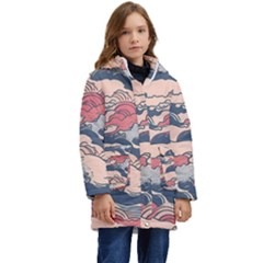 Waves Ocean Sea Water Pattern Rough Seas Digital Art Nature Nautical Kids  Hooded Longline Puffer Jacket by Bedest