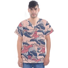 Waves Ocean Sea Water Pattern Rough Seas Digital Art Nature Nautical Men s V-neck Scrub Top