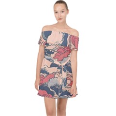 Waves Ocean Sea Water Pattern Rough Seas Digital Art Nature Nautical Off Shoulder Chiffon Dress