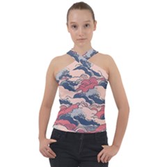 Waves Ocean Sea Water Pattern Rough Seas Digital Art Nature Nautical Cross Neck Velour Top