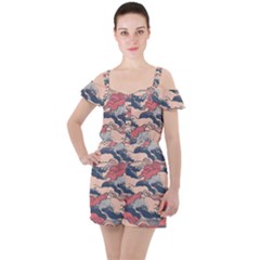 Waves Ocean Sea Water Pattern Rough Seas Digital Art Nature Nautical Ruffle Cut Out Chiffon Playsuit