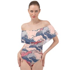 Waves Ocean Sea Water Pattern Rough Seas Digital Art Nature Nautical Off Shoulder Velour Bodysuit 