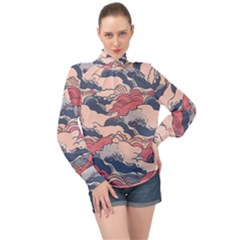 Waves Ocean Sea Water Pattern Rough Seas Digital Art Nature Nautical High Neck Long Sleeve Chiffon Top