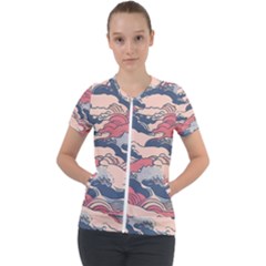 Waves Ocean Sea Water Pattern Rough Seas Digital Art Nature Nautical Short Sleeve Zip Up Jacket