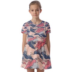 Waves Ocean Sea Water Pattern Rough Seas Digital Art Nature Nautical Kids  Short Sleeve Pinafore Style Dress