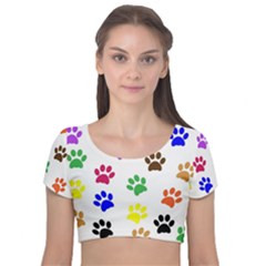 Pawprints Paw Prints Paw Animal Velvet Short Sleeve Crop Top 