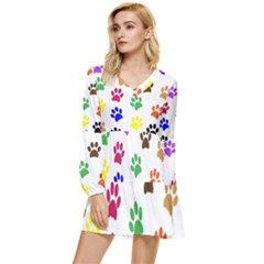 Pawprints Paw Prints Paw Animal Tiered Long Sleeve Mini Dress