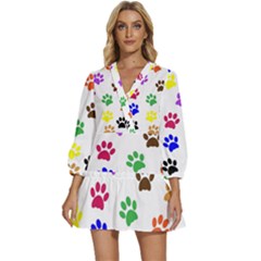 Pawprints Paw Prints Paw Animal V-neck Placket Mini Dress