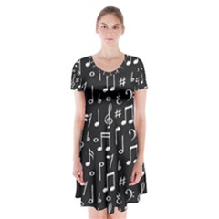 Chalk Music Notes Signs Seamless Pattern Short Sleeve V-neck Flare Dress