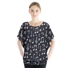 Chalk Music Notes Signs Seamless Pattern Batwing Chiffon Blouse