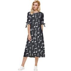 Chalk Music Notes Signs Seamless Pattern Bow Sleeve Chiffon Midi Dress