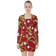 Mistletoe Christmas Texture Advent V-neck Bodycon Long Sleeve Dress
