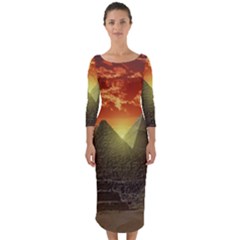 Pyramids Egypt Monument Landmark Sunrise Sunset Egyptian Quarter Sleeve Midi Bodycon Dress by Proyonanggan