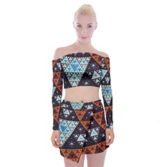 Fractal Triangle Geometric Abstract Pattern Off Shoulder Top With Mini Skirt Set