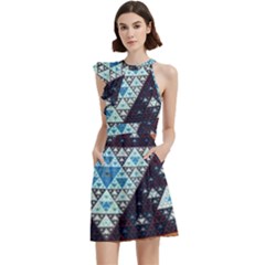 Fractal Triangle Geometric Abstract Pattern Cocktail Party Halter Sleeveless Dress With Pockets
