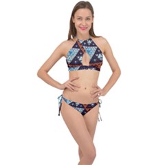 Fractal Triangle Geometric Abstract Pattern Cross Front Halter Bikini Set