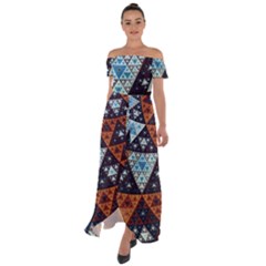 Fractal Triangle Geometric Abstract Pattern Off Shoulder Open Front Chiffon Dress