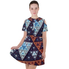 Fractal Triangle Geometric Abstract Pattern Short Sleeve Shoulder Cut Out Dress 