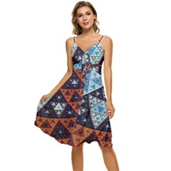 Fractal Triangle Geometric Abstract Pattern Sleeveless Tie Front Chiffon Dress