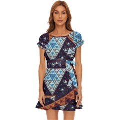 Fractal Triangle Geometric Abstract Pattern Puff Sleeve Frill Dress